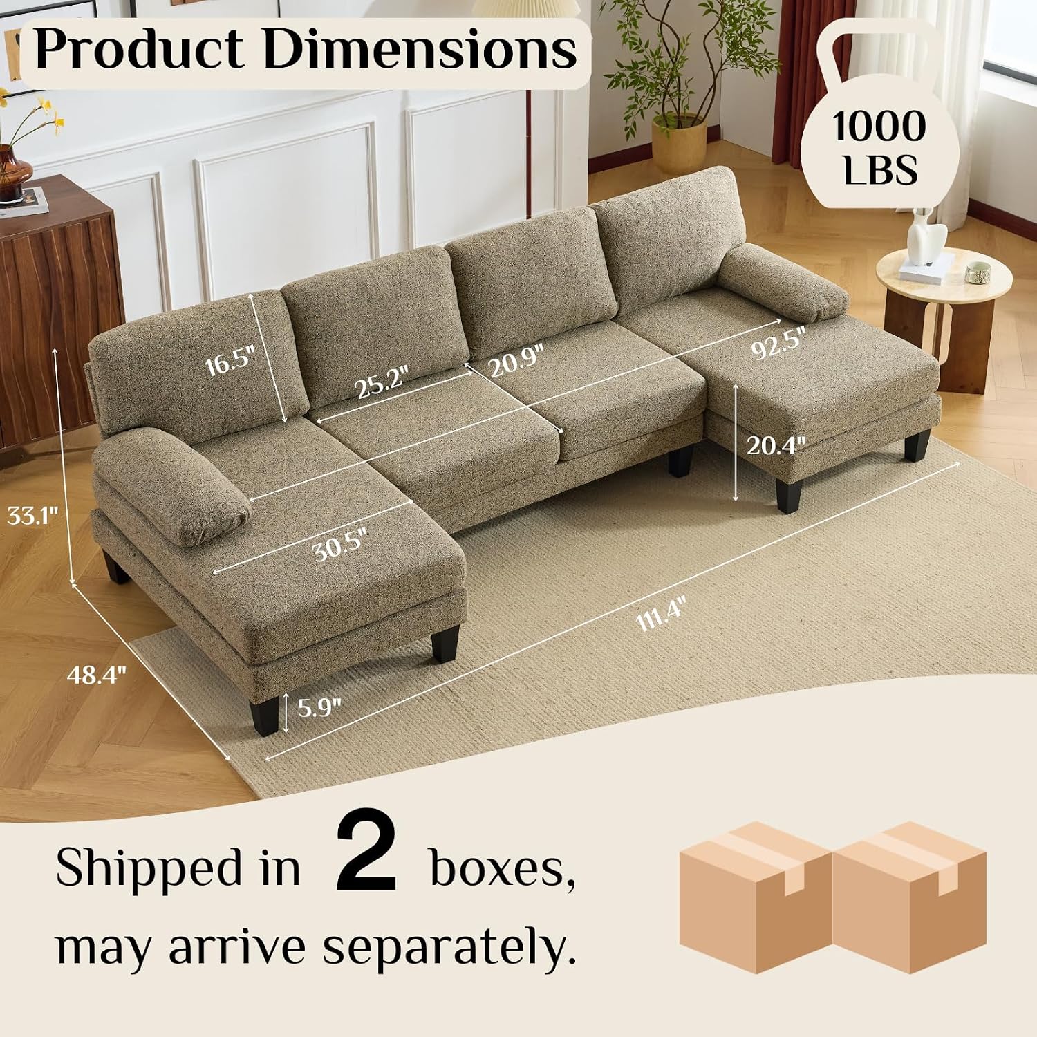 Karl home 110' U-Shape Sectional Couches for Living Room Chenille Upholstery 4 Seat Sofa Set with Double Chaises & Wood Grain Legs for Apartment, Khaki