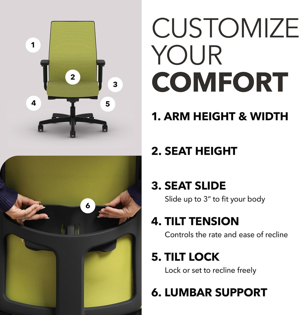 HON Ignition 2.0 Mid‑Back Ergonomic Office Chair, Mesh Task Seating with Lumbar Support, Advanced Synchro‑Tilt, Height and Width Adjustable Arms, Black Frame, Pear