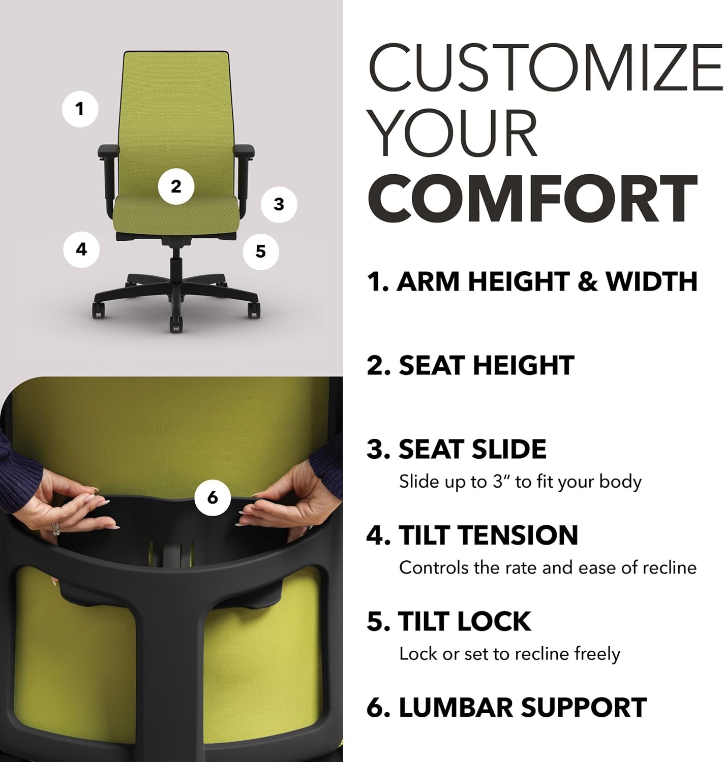 HON Ignition 2.0 Mid‑Back Ergonomic Office Chair, Mesh Task Seating with Lumbar Support, Advanced Synchro‑Tilt, Height and Width Adjustable Arms, Black Frame, Pear