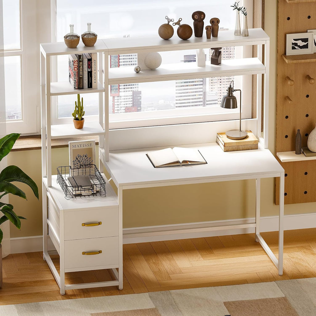 LITTLE TREE White Computer Desk with Drawers and Hutch, 55' Gaming Desk with Storage Shelves, Modern Wooden Study Writing Desk for Bedroom Home Office