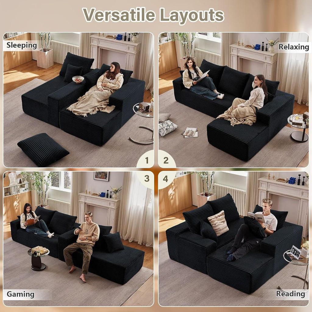 95.8' Cloud Sectional Couch with L-Shape Chaise, Modern Modular Comfy Sofa Chaise Longue, Upholstered Corduroy Couches Sleeper with Deep Seat for Living Room Bedroom, No Assembly Required, Black