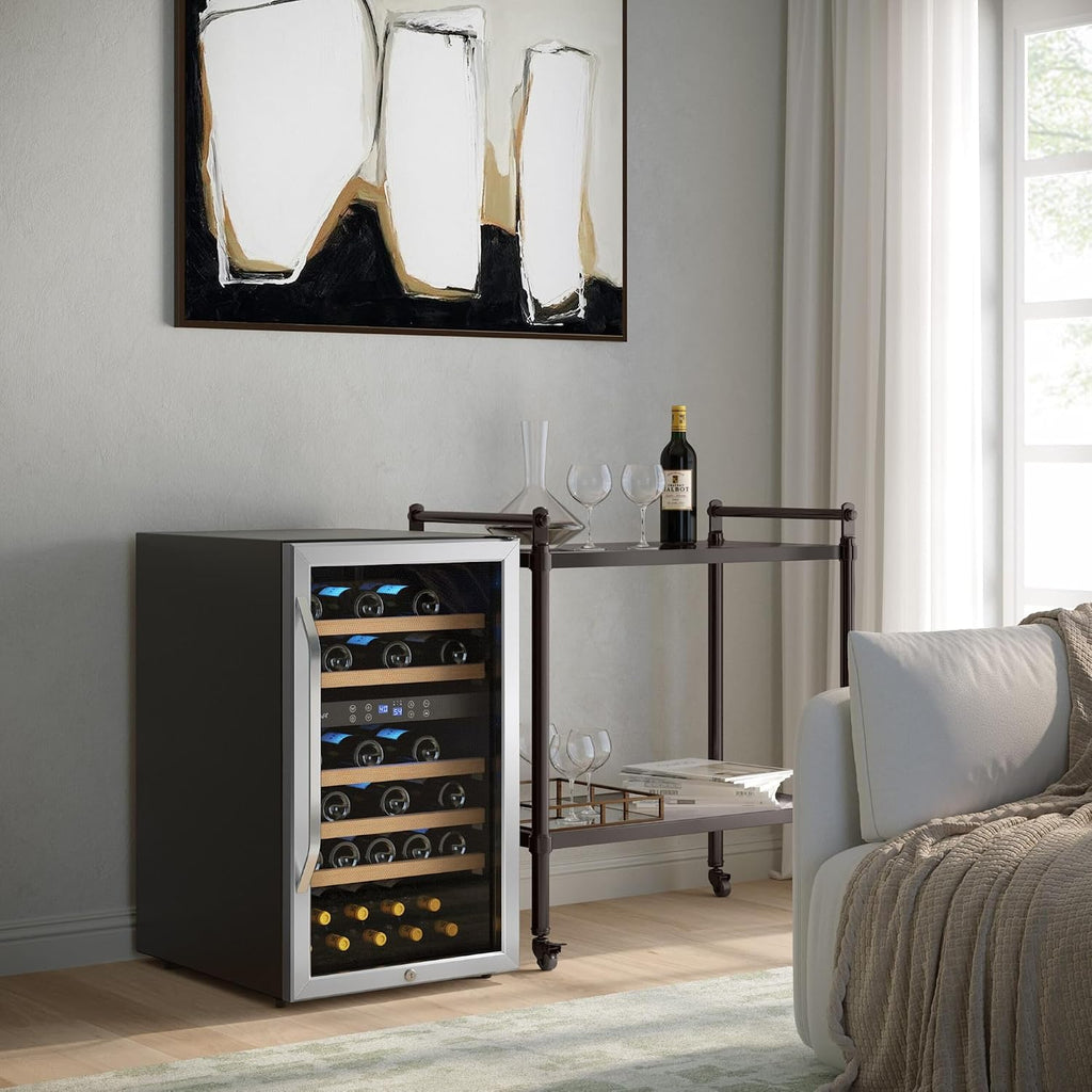 EdgeStar CWF380DZ 20 Inch Wide 38 Bottle Capacity Free Standing Wine Cooler with Dual Zones, LED Lighting and Reversible Door - Stainless Steel