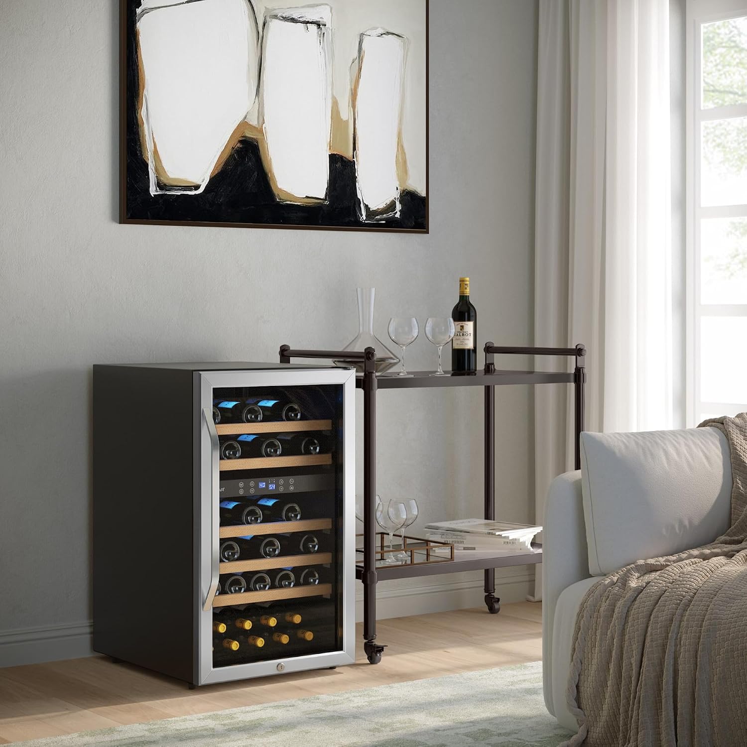EdgeStar CWF380DZ 20 Inch Wide 38 Bottle Capacity Free Standing Wine Cooler with Dual Zones, LED Lighting and Reversible Door - Stainless Steel