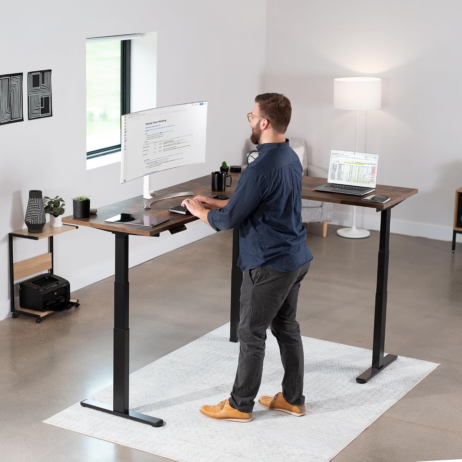VIVO Electric Triple Motor Height Adjustable 3 Leg Corner Desk Frame, up to 300lbs, Sit Stand Ergonomic L Shaped Frame Only, Black, DESK-V130EB