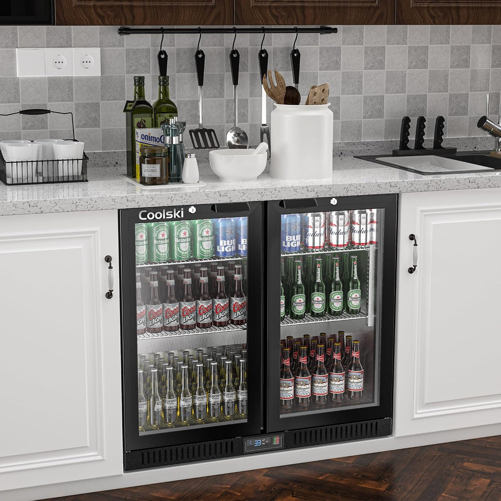Coolski Back Bar Cooler Commercial Undercounter Refrigerator with 2 Glass Door, Bar Beverage Refrigerator for Beer Soda Wine 7.0 Cu.Ft. Capacity LED Lighting ETL NSF Approved, Black