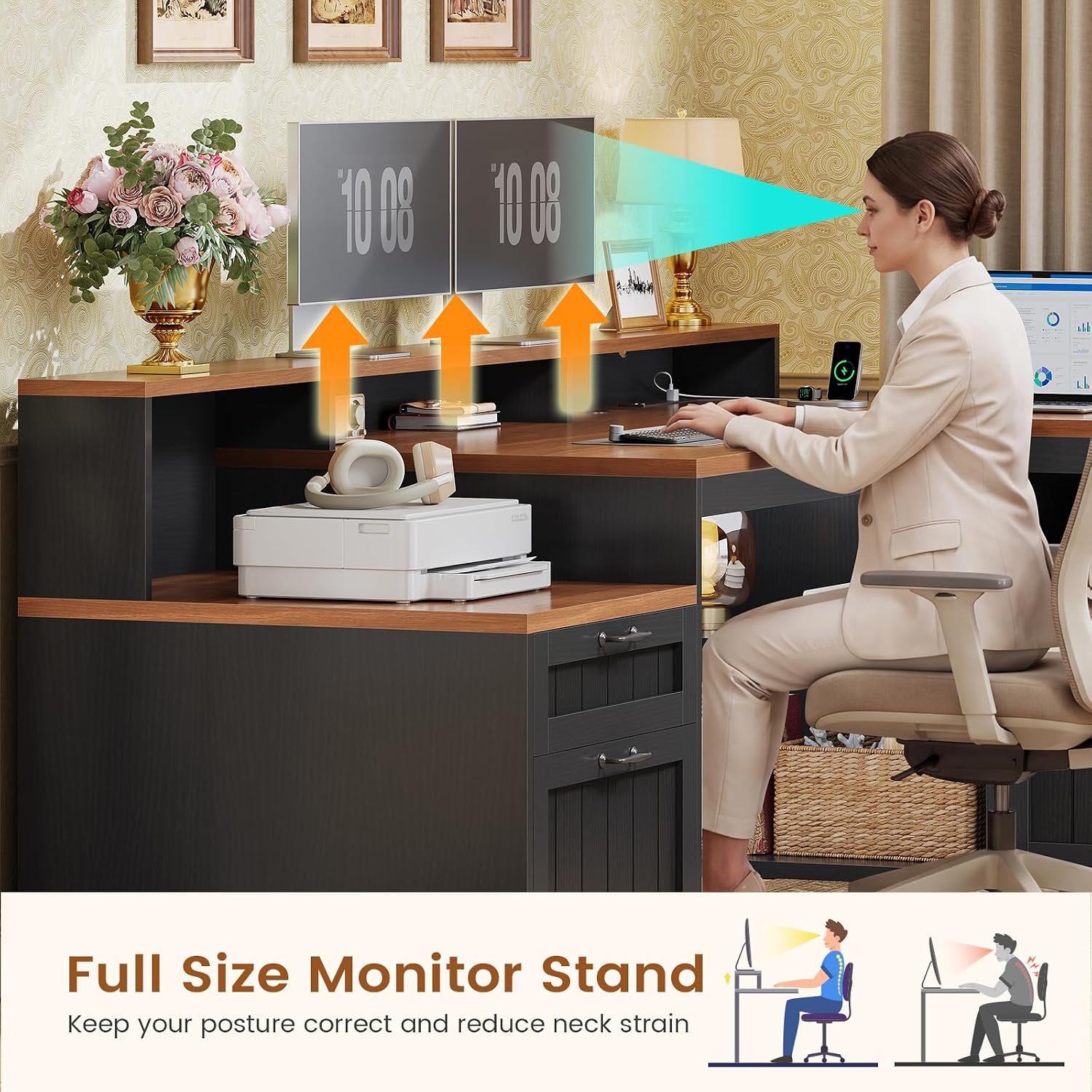 SEDETA 59' L Shaped Desk with Drawers, Farmhouse Corner Computer Desk, Wood Office Desk with File Drawers with Storage, Home Office Desks with Monitor Stand and Storage Cabinet, Brown and Black