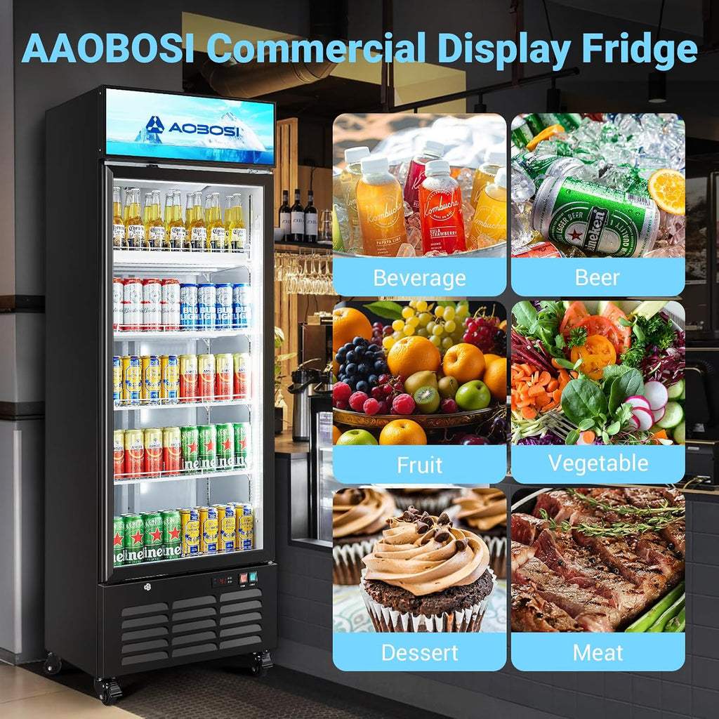 AAOBOSI Commercial Merchandiser Refrigerator,17.1 Cu.Ft Glass Door Display Refrigerator,Upright Beverage Cooler Fridge with Soft LED Light, Customizable Lightbox,Universal Casters,Adjustable Shelves