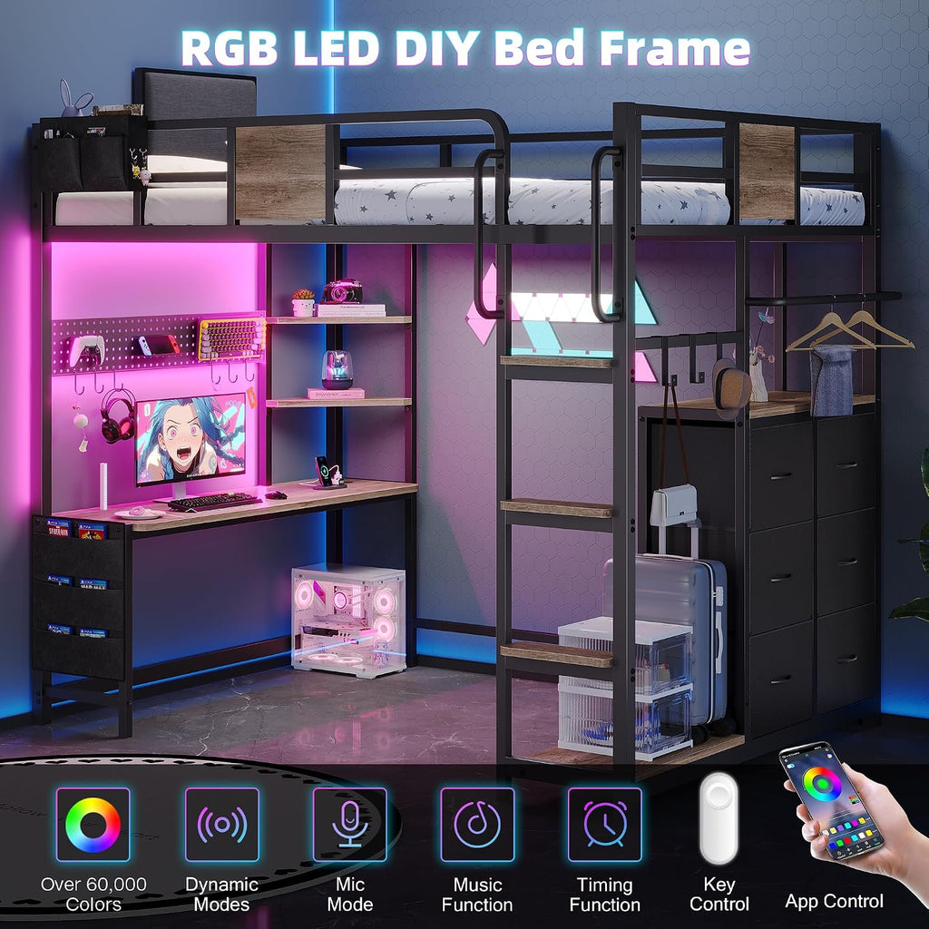 Dnxao Twin Loft Bed with Desk, Heavy Duty Twin Bed Frame with Integrated 6 Storage Drawers & DIY Pegboard, Smart LED Lights, Charging Station with Type-C, Space-Saving Workstation for Teens,Oak Gray
