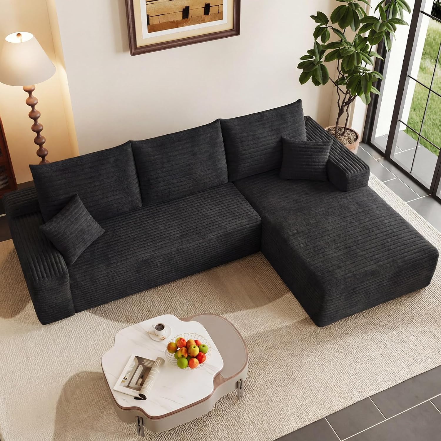 95' Modular Sectional Couch, Boneless L Shaped Cloud Sofa with Chaise Lounge, Corduroy Upholstered Couches Memory Foam Deep Seat, No Assembly Required, Ideal for Living Room(Black, Right Facing)