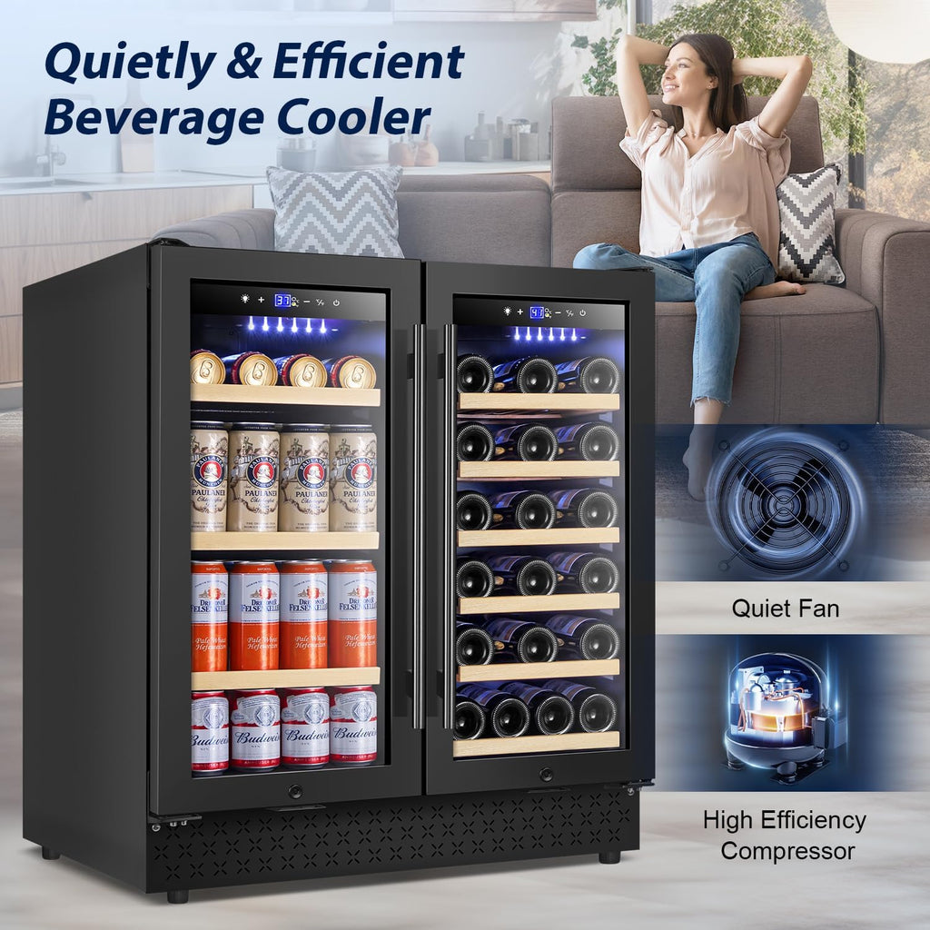 Tylza 30 Inch Wine and Beverage Refrigerator, Dual Zone Wine Beverage Cooler 30' with French Door, Under Counter Wine Beer Fridge Built-In or Freestanding, Holds 29 Bottles and 110 Cans, Black