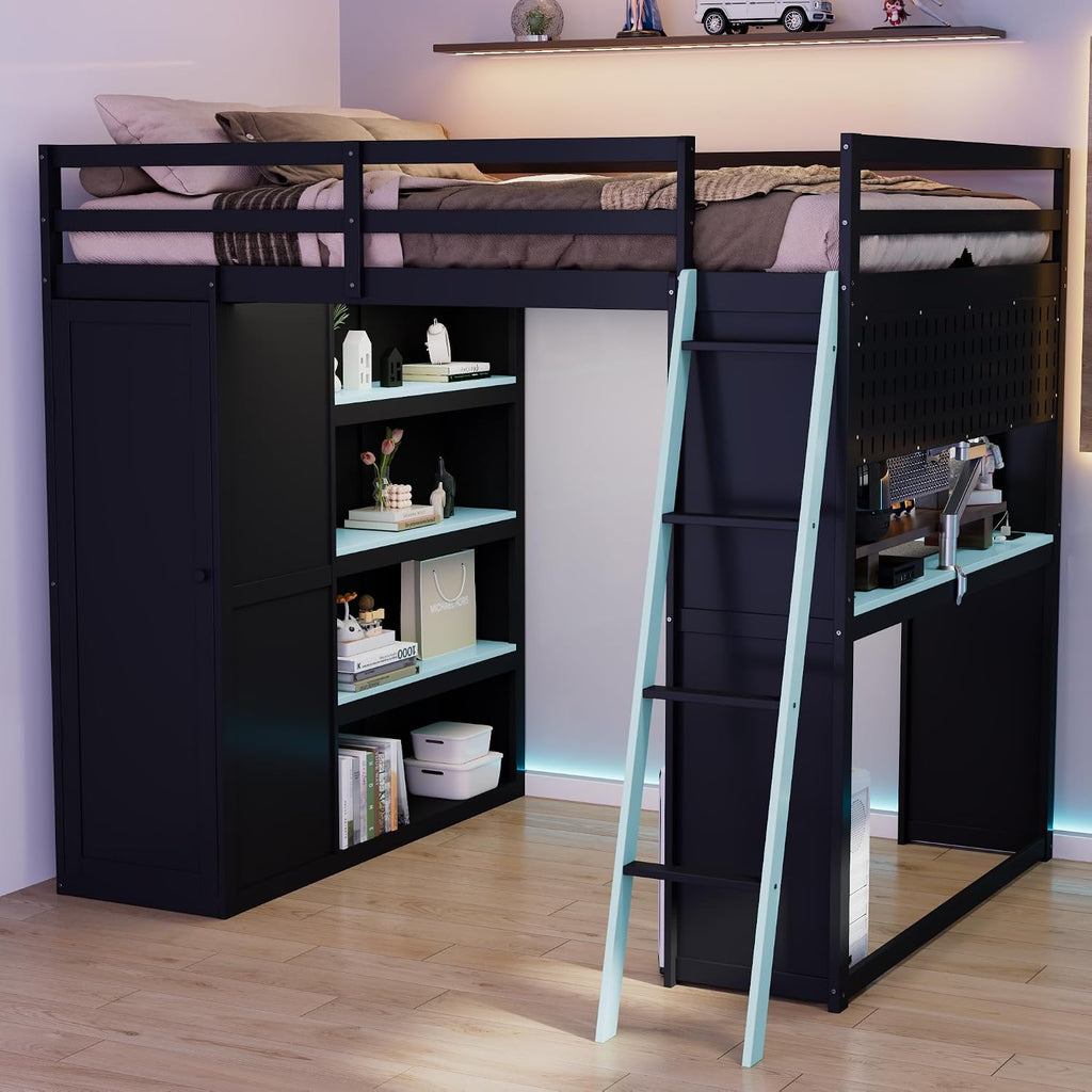 Harper & Bright Designs Gaming Loft Bed Full Size with Desk and Curtain for Privacy, Solid Wood Loft Bed with Shelf and Wardrobe for Storage, RGB Lights, Saving Space, Sturdy Support, Black+Blue