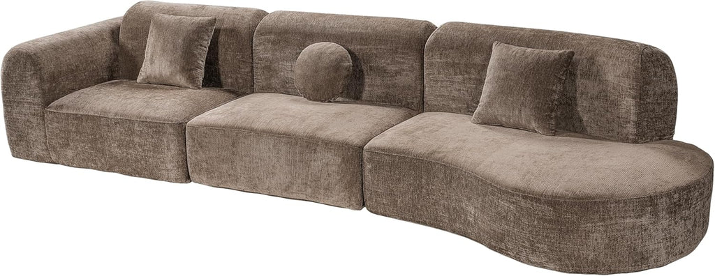 Merax 3-Piece 140' Curved Sectional Sofa Set, 4 Seat L-Shaped Modular Modern Cloud Couch with Chaise Lounge, 3 Pillows, Fully Assembled High-Density Compressed Sponge for Living Room, Brown
