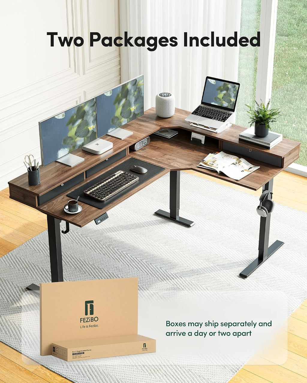 FEZIBO L-Shaped Electric Standing Desk, 63 x 48 Inches Height Adjustable, Reversible Tabletop, Corner Desk with Drawers, Ergonomic Computer Table, Black Walnut Top