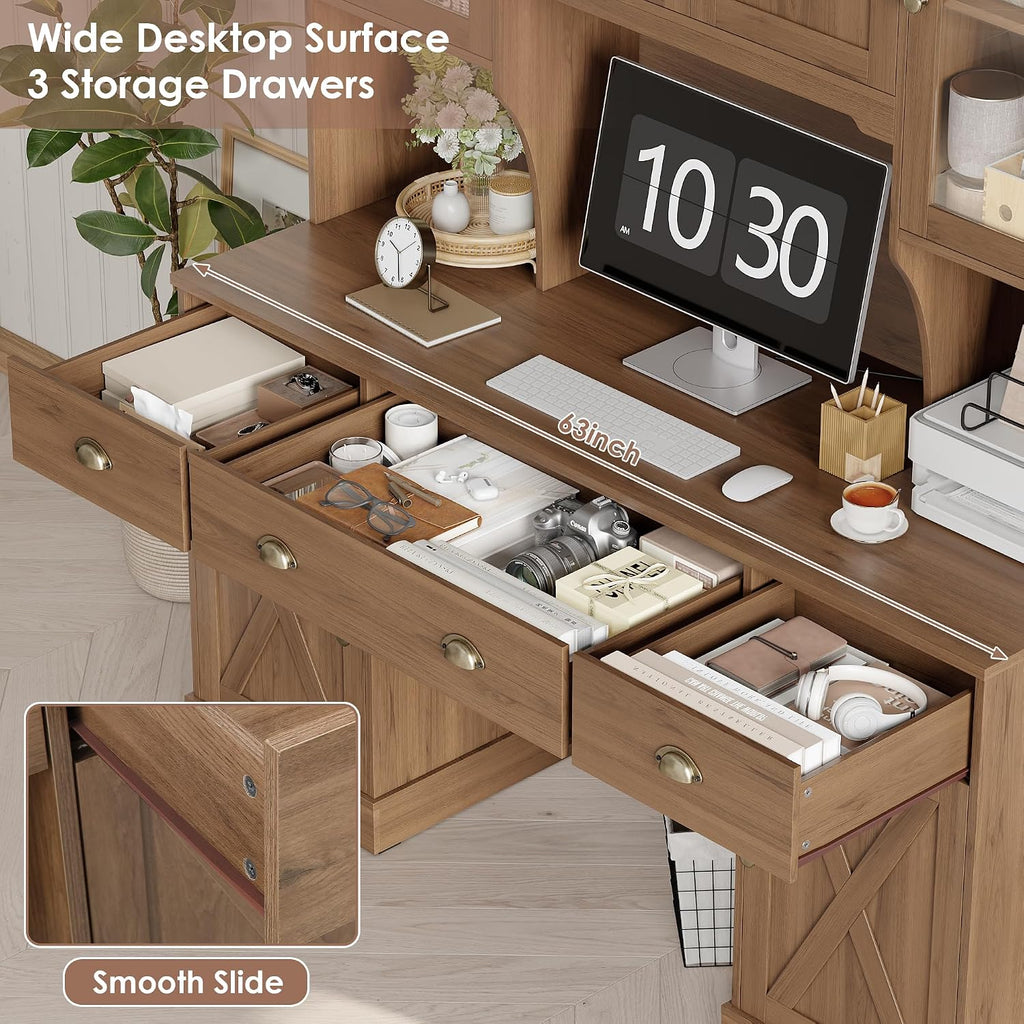 Keyluv 75' Executive Desk with Hutch and Drawers, Computer Desk with Glass Door and Storage Cabinet, 63' W Large Farmhouse Workstation for Home Office Study Writing Gaming Table, Brown