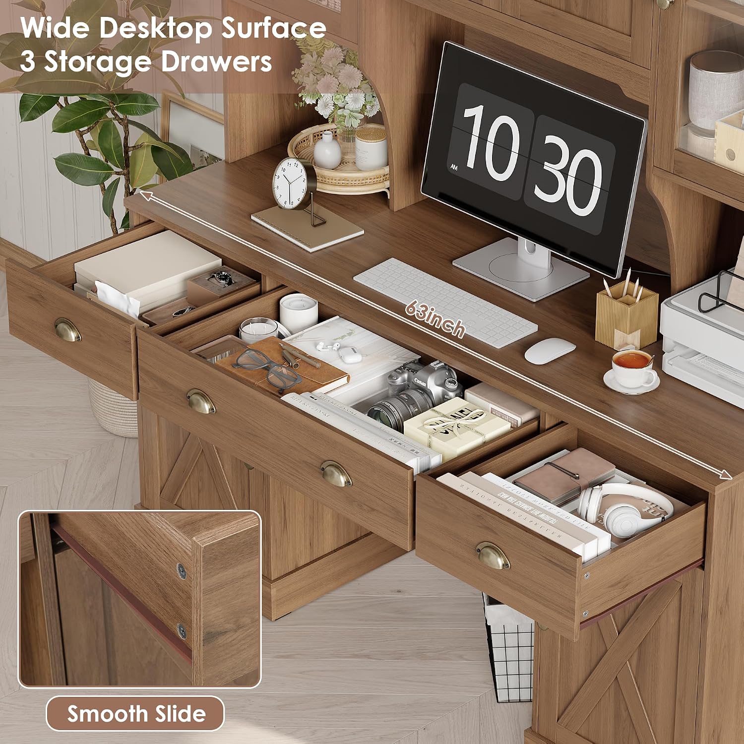 Keyluv 75' Executive Desk with Hutch and Drawers, Computer Desk with Glass Door and Storage Cabinet, 63' W Large Farmhouse Workstation for Home Office Study Writing Gaming Table, Brown