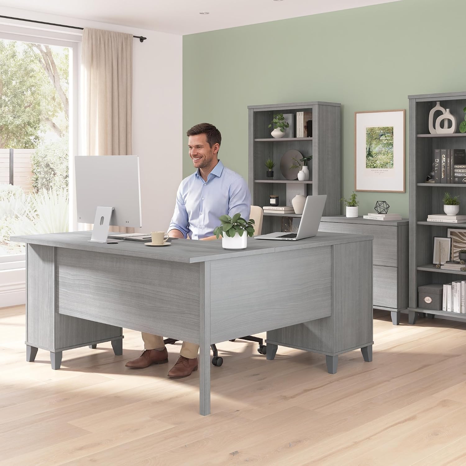 Bush Home 60-Inch L-Shaped Desk with Storage, Corner Computer Office Desk with Drawers and Storage Cabinet, Home Office Furniture, Somerset Collection, Platinum Gray