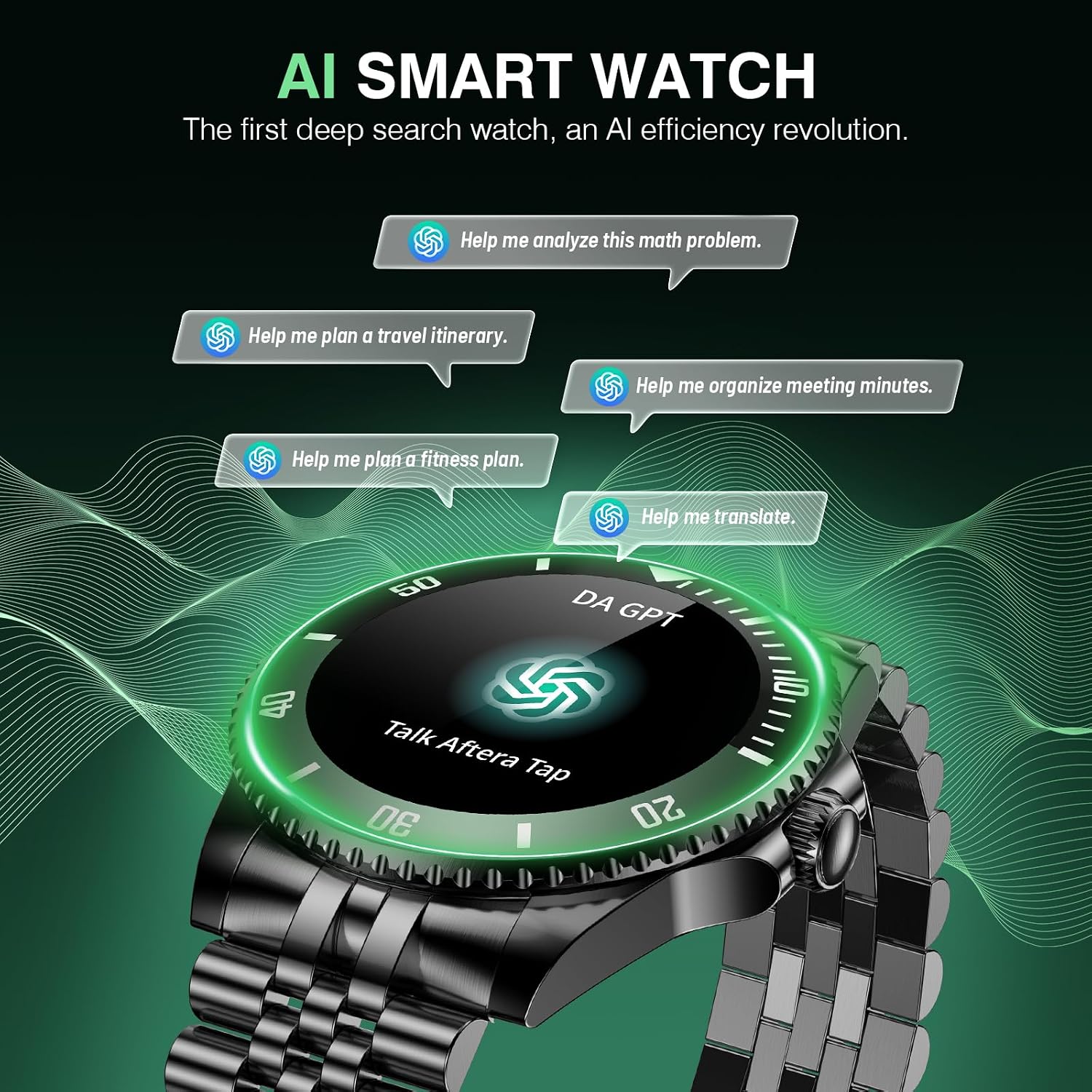 SOUYIE GPT Smart Watch with Bluetooth Call,1.19-inch AMOLED Display, 24/7 Heart Rate, Blood Oxygen, Blood Pressure, Sleep Monitor, 107 Sports Fitness Tracker, Compatible Android and iOS Black Green