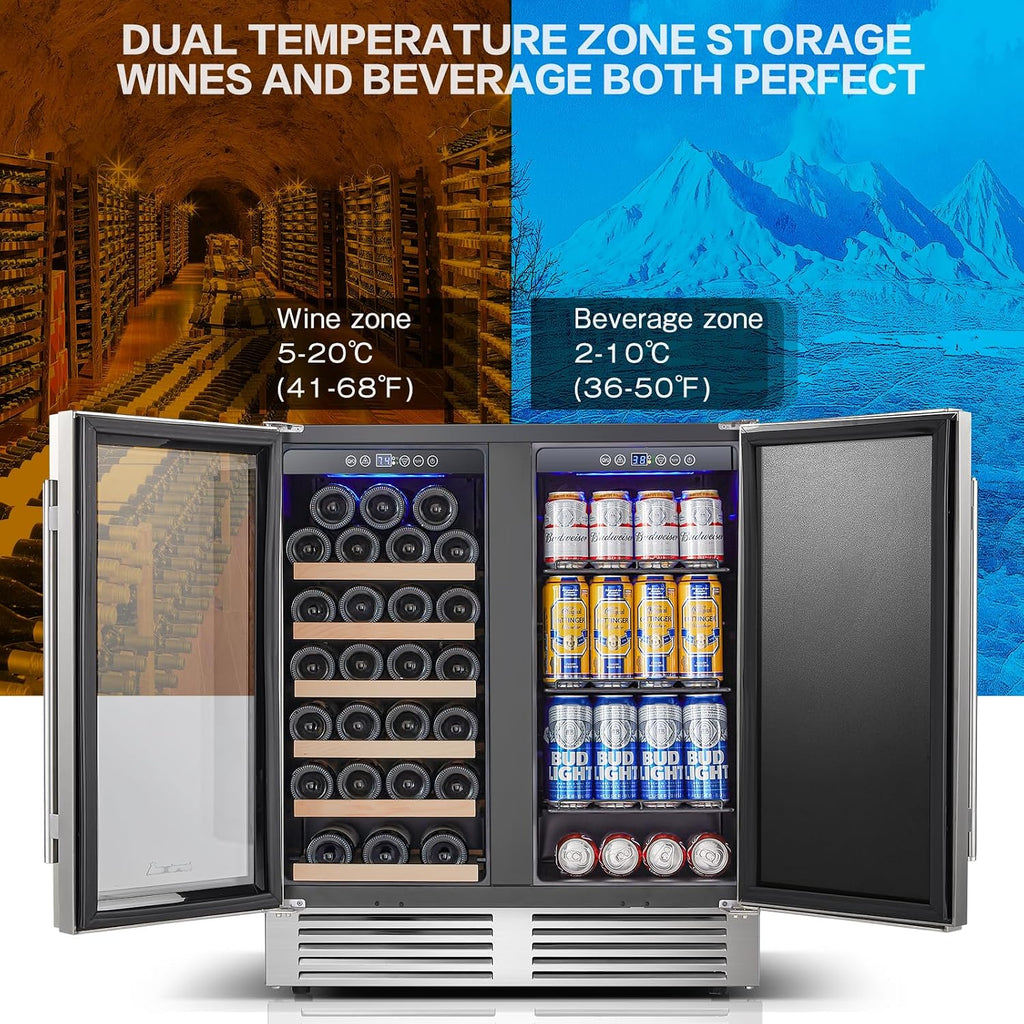 BODEGA 30 Inch Wine and Beverage Refrigerator Free Standing. Dual Zone Stainless Steel Wine Fridge under Counter, Drink Cooler for Beer, Soda, Champagne, Holds 110 Cans and 31 Bottles, Silver