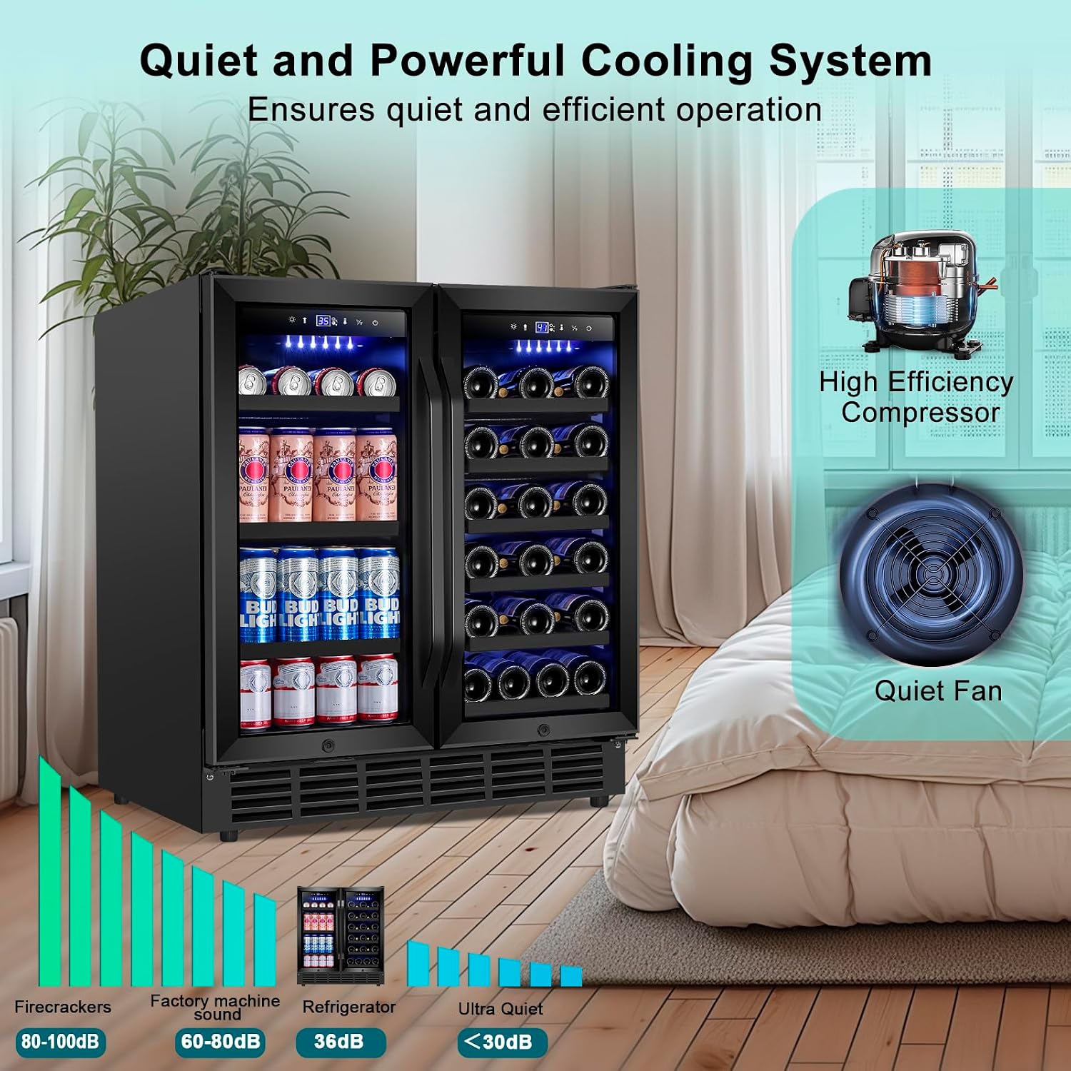 30'' Wine and Beverage Refrigerator, Upgrade Dual Zone Wine Cooler, 30 Inch Wine beverage Fridge Built in or Freestanding Under Counter Large Capacity Glass Door Advanced Cooling System,Black