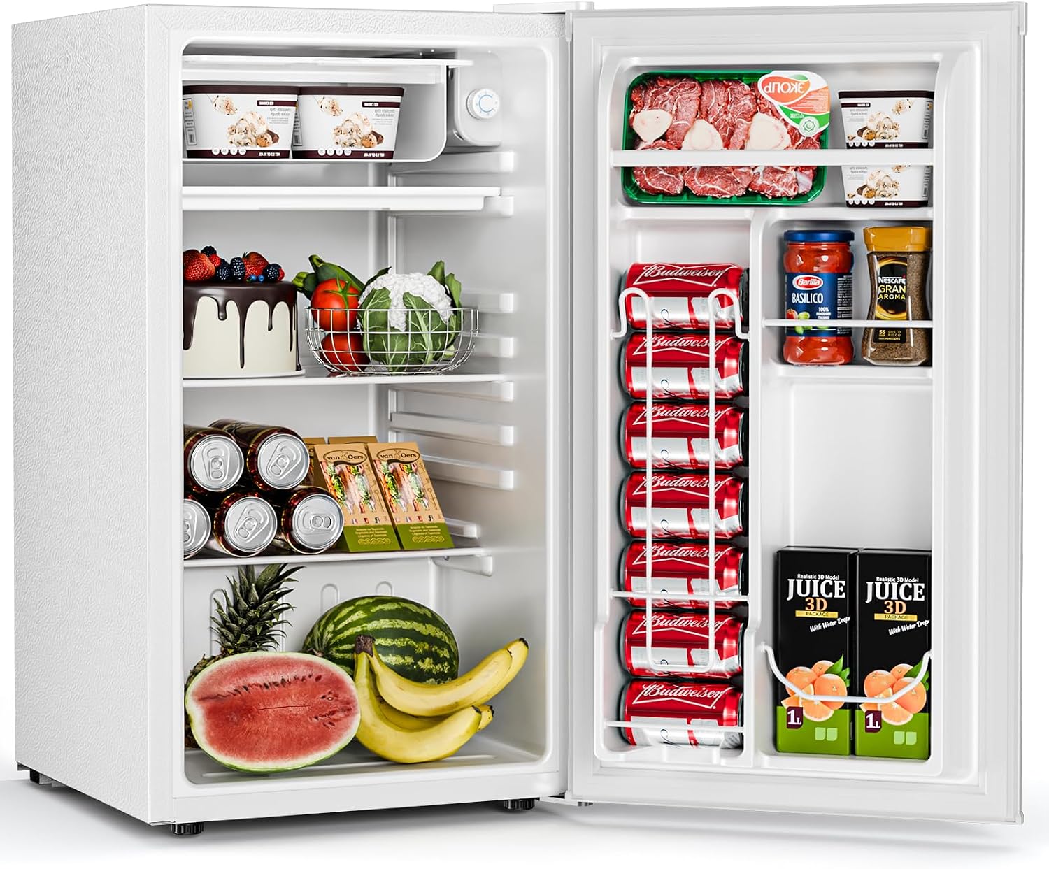 Antarctic Star Mini Compact Refrigerator with Freezer, 3.2 Cu.Ft. Single Door with Adjustable Thermostat,Removable Glass Shelves for Apartment/Dorm/Office,WHITE