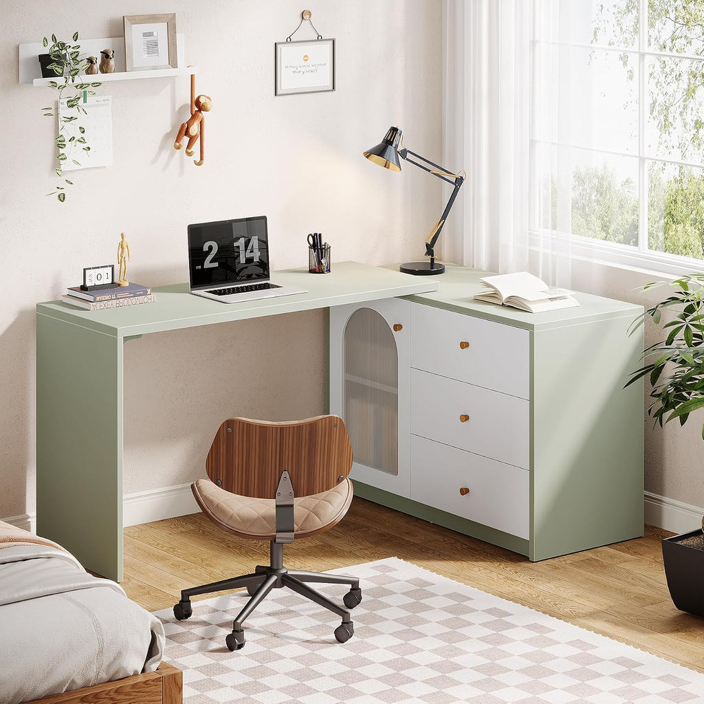 Tribesigns L-Shaped Computer Desk with Drawers, Modern Corner Home Office Desk with Reversible Storage Cabinet, Long Study Writing Desk Workstation for Home Office, Cyan & White