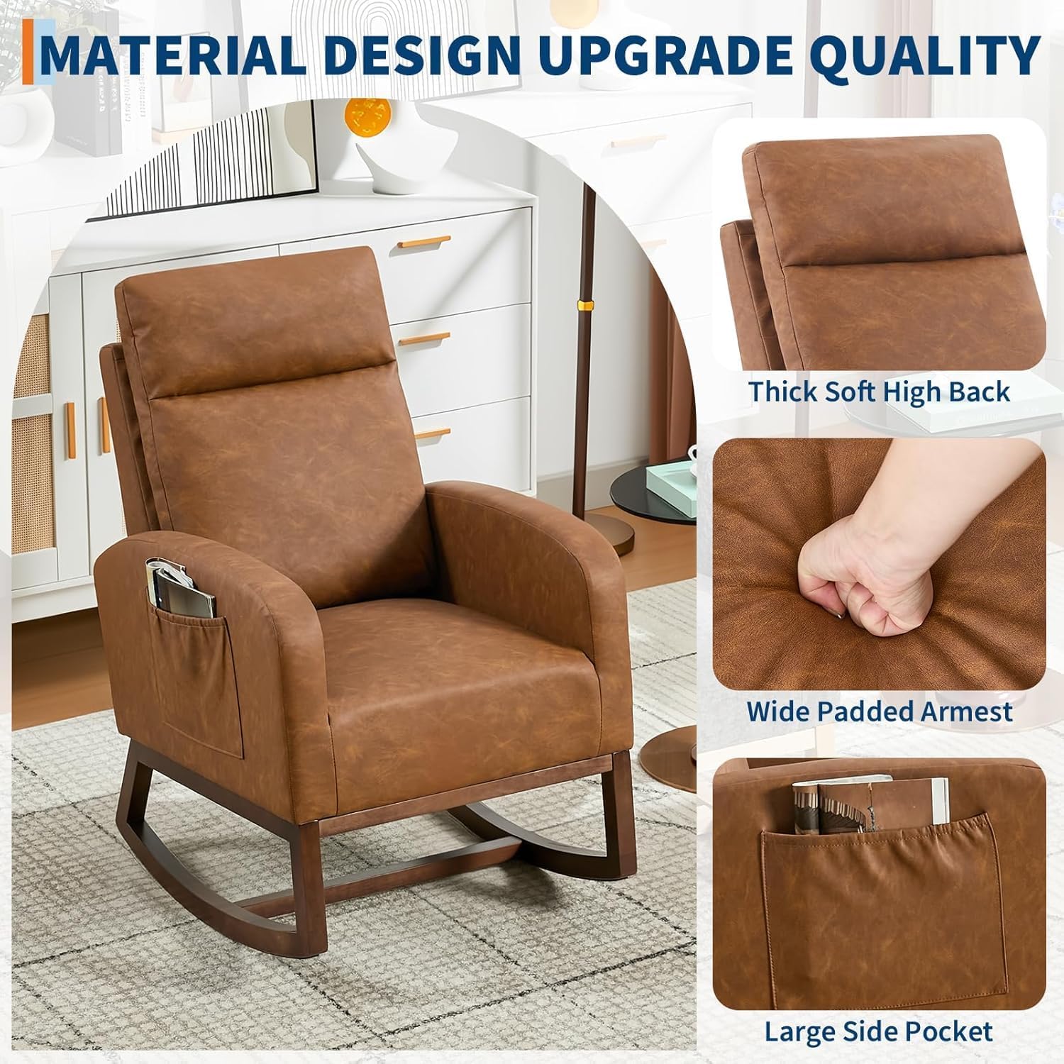 Nursery Glider Rocking Chair with 2 Side Pockets - Solid Wood Legs, Cozy Armchair for Baby Room, Living Room, Bedroom, Comfortable Nursery Essential(Rustic Brown)