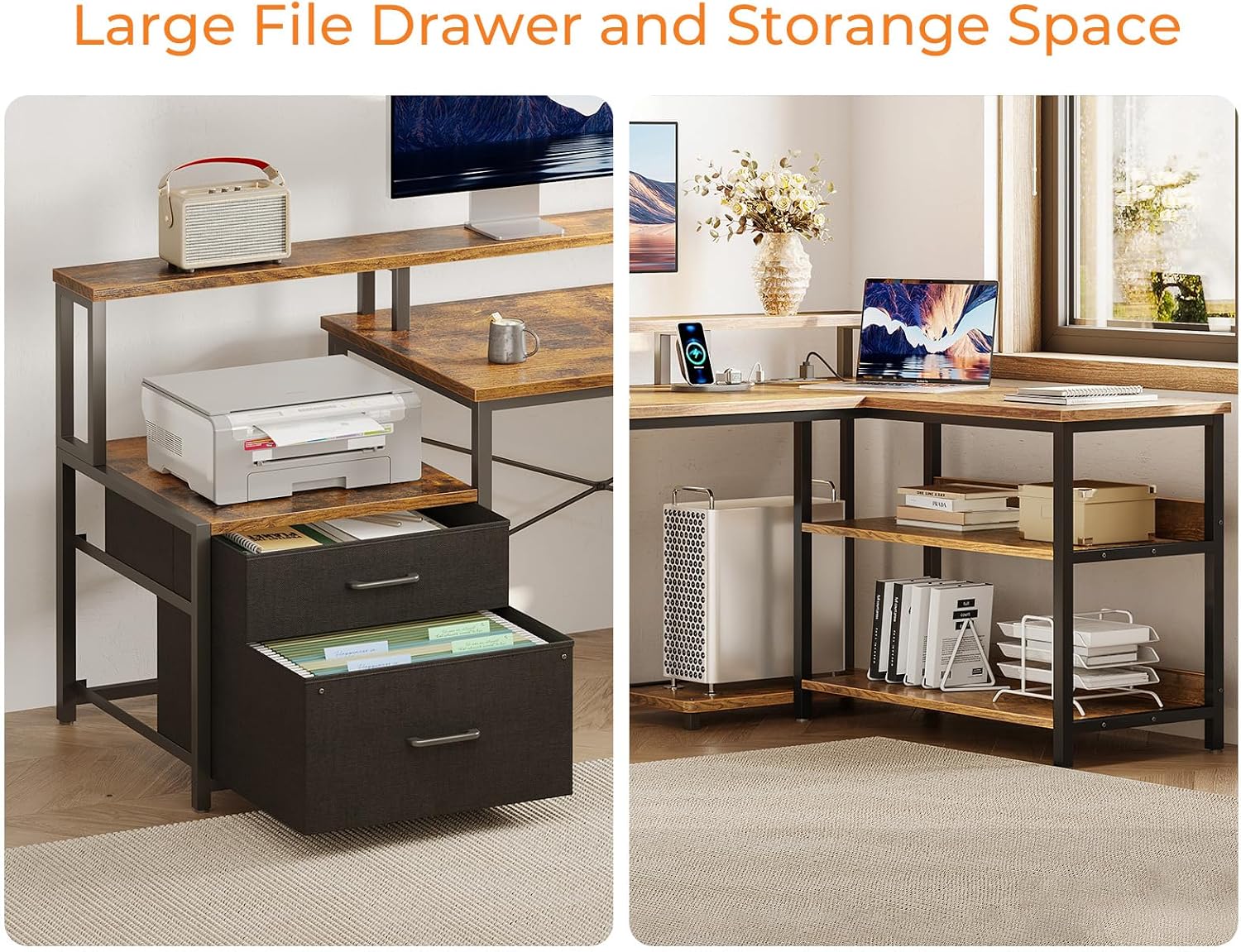 ODK 75' L Shaped Desk with File Drawers, Work from Home Office Desk with Power Outlet, Reversible Computer Desk with Storage Shelves, Gaming Desk with Monitor Shelf, Corner WFM Table, Vintage