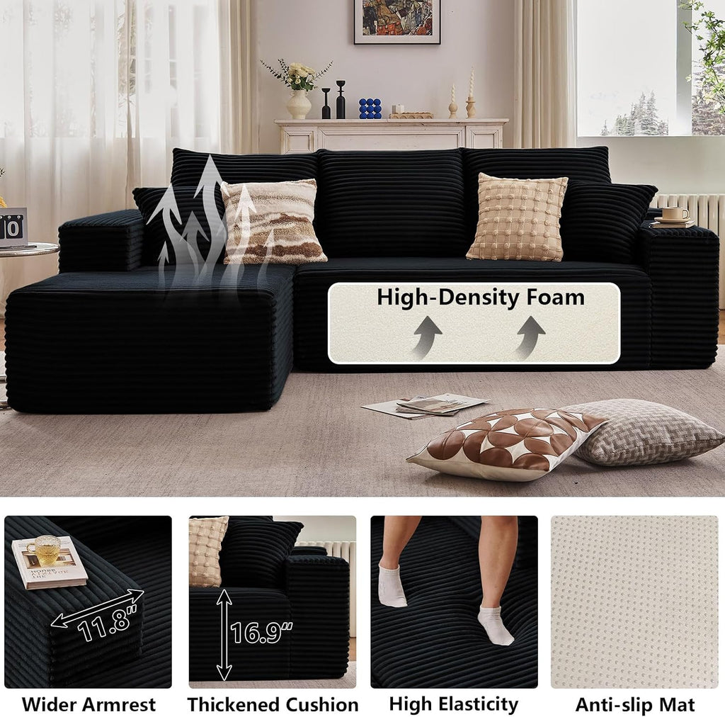 107' Cloud Sectional Couch with L-Shape Chaise, Modern Modular Comfy Sofa with Deep Seat, Upholstered Corduroy Couches Sleeper Chaise Longue for Living Room Bedroom, No Assembly Required, Black