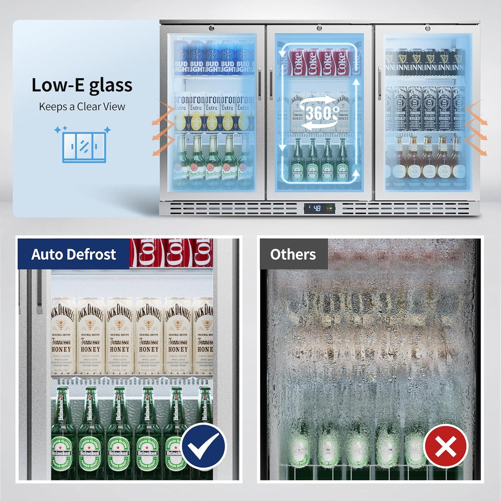 53 inch 11.7 cu.ft Back Bar Cooler Commercial Counter Height Beverage Refrigerator with 3 Glass Doors & LED Lighting, Stainless Steel Beer Fridge for Home Bar Restaurant, Sliver, 115V, ETL Approved