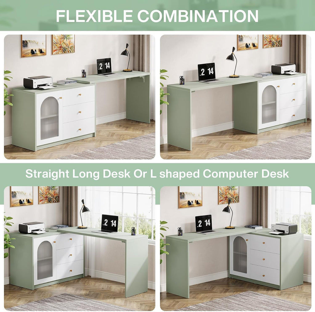 Tribesigns L-Shaped Computer Desk with Drawers, Modern Corner Home Office Desk with Reversible Storage Cabinet, Long Study Writing Desk Workstation for Home Office, Cyan & White