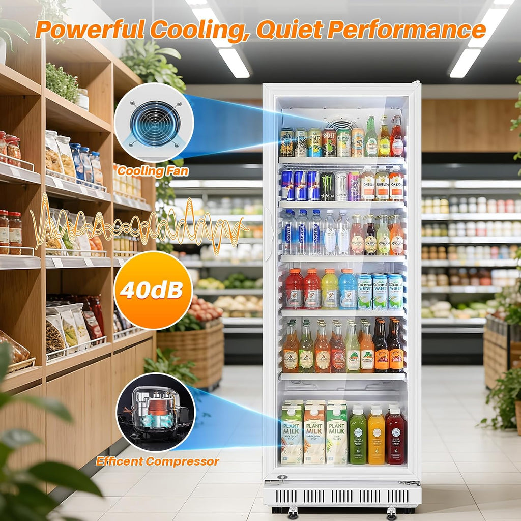 Velivi Commercial Beverage Refrigerator, 24.5' Glass Door Display Fridge, 15 Cu.Ft Beverage Cooler with 5 Adjustable Shelves, Auto Rebound Door, Low Noise, for Shops, Restaurants & Bars WHITE