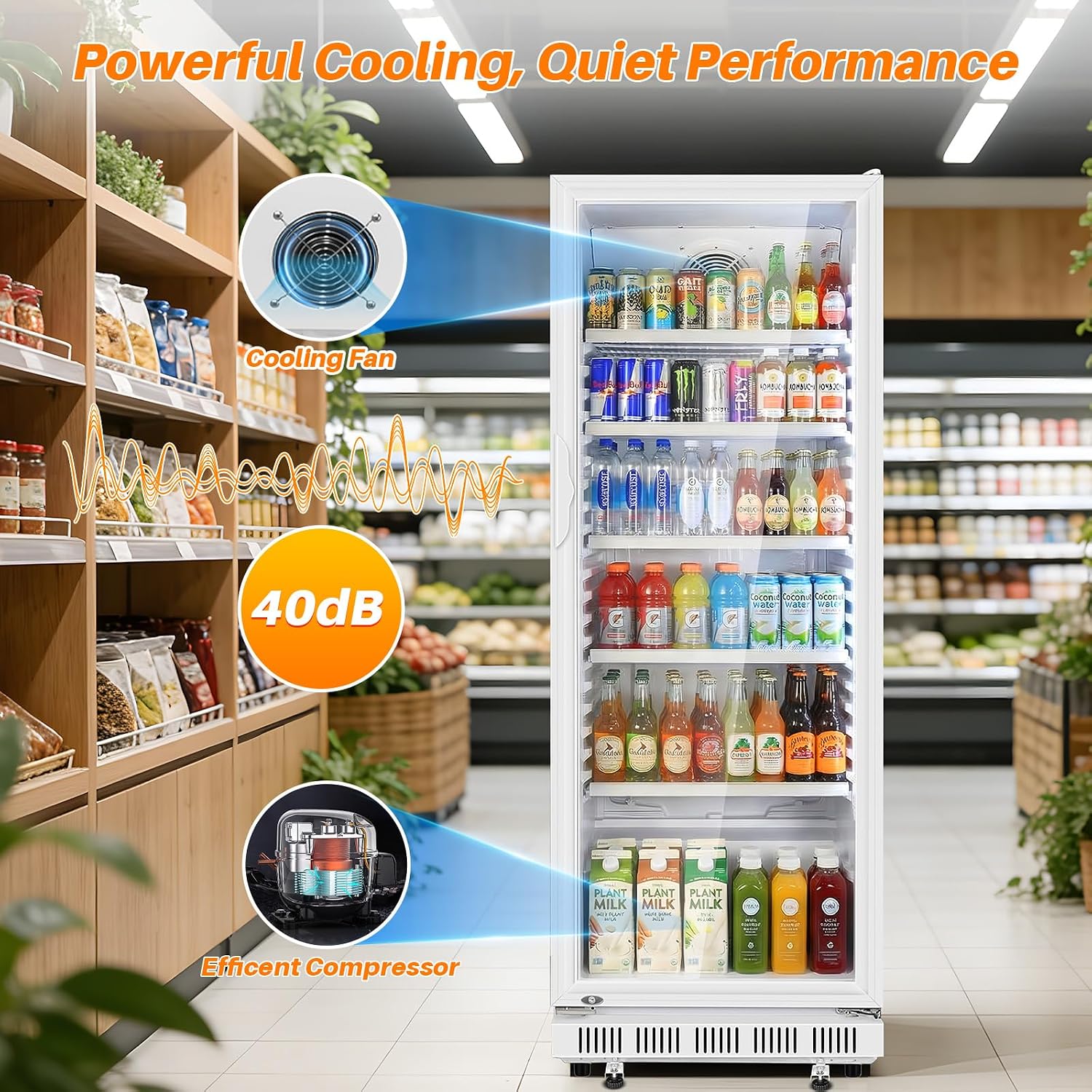 Velivi Commercial Beverage Refrigerator, 24.5' Glass Door Display Fridge, 15 Cu.Ft Beverage Cooler with 5 Adjustable Shelves, Auto Rebound Door, Low Noise, for Shops, Restaurants & Bars WHITE