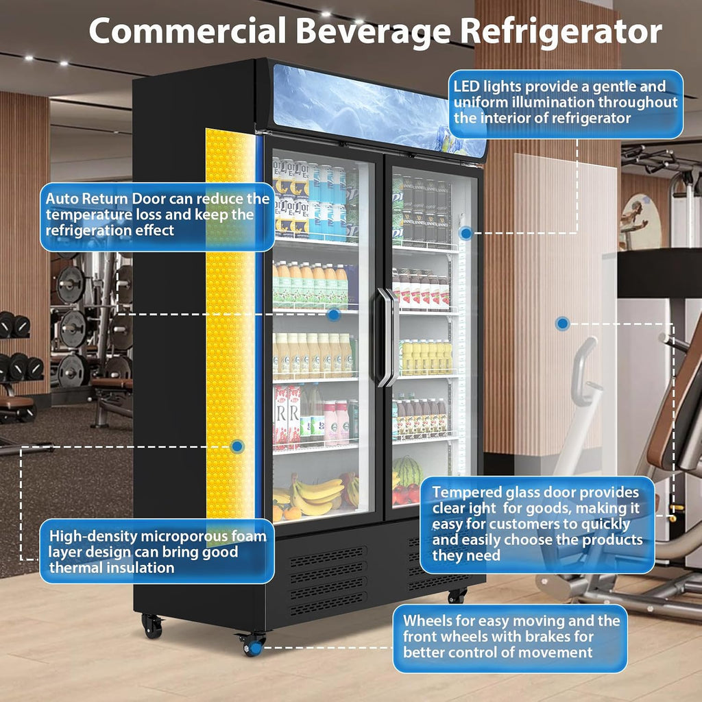 IDEALHOUSE Commercial Glass Door,Beverage Cooler - Upright Display Refrigerator, with LED Lighting for Restaurants, Supermarkets & Cafés | Large Capacity, Adjustable Shelves, Energy Efficient, Black
