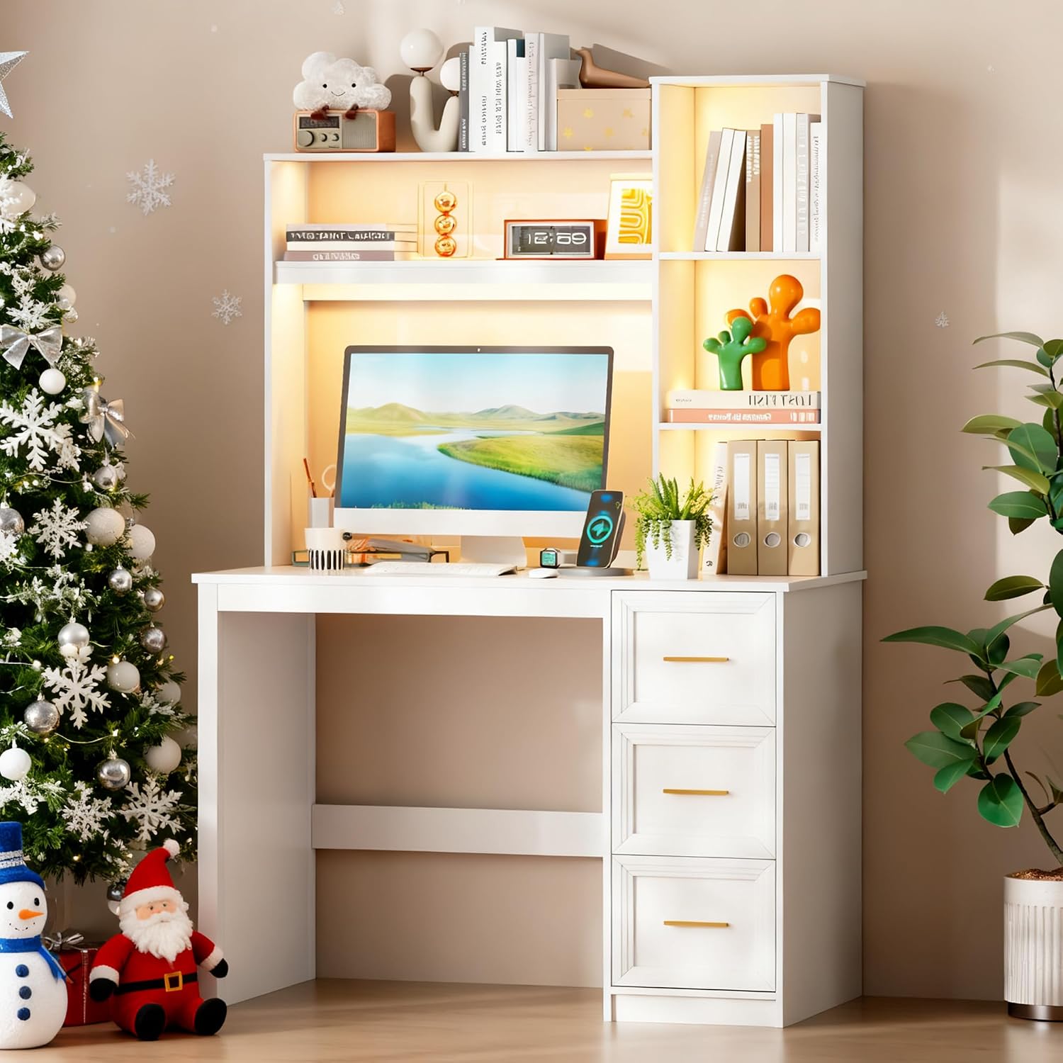 LVSOMT 40' Home Office Desk with Hutch and Drawers, Computer Desk with Power Outlets and LED Light, Study Writing Gaming Table with Storage Shelves, Workstation for Bedroom, White
