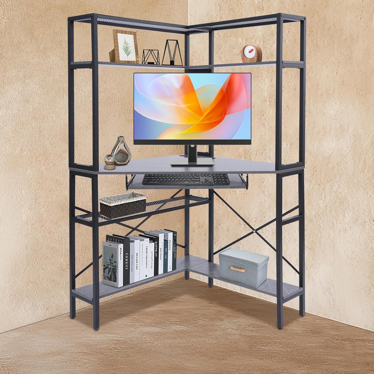 Corner Small Desk for Small Space, 29.5'*29.5'*60' Corner Computer Desk with USB Ports Triangle Gaming Desk with with RGB LED Lighting for Home Office, Living Room, Bedroom (1-Grey)
