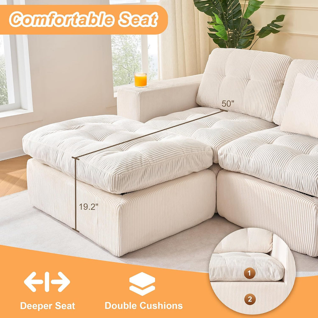 108 inch L Shaped Modular Sofa Bed, 50' Deep Seat Corduroy Boneless Sectional Couch with Ottoman No Assembly, 1400lbs Capacity Cloud Sleeper for Living Room Apartment (Light Beige)