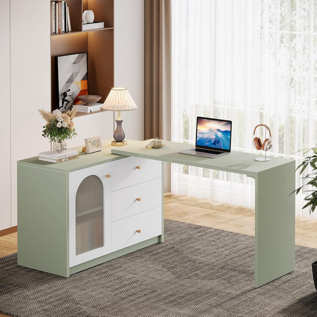 Tribesigns L-Shaped Computer Desk with Drawers, Modern Corner Home Office Desk with Reversible Storage Cabinet, Long Study Writing Desk Workstation for Home Office, Cyan & White