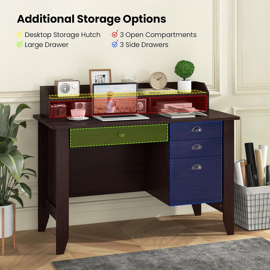 Tangkula Computer Desk with 4 Storage Drawers & Hutch, Home Office Desk Vintage Desk with Storage Shelves, Wooden Executive Desk Writing Study Desk (Brown)