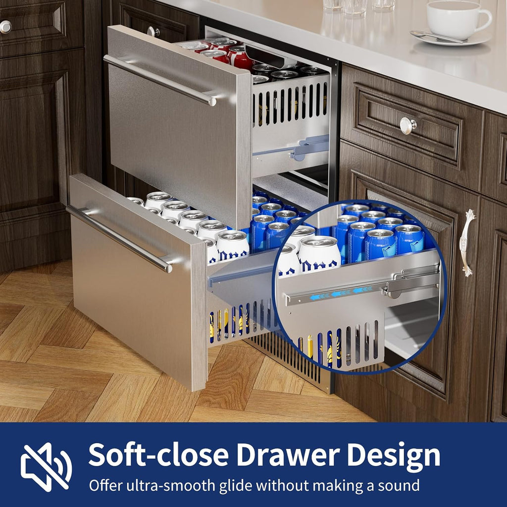 Coolski 24 Inch Under Counter Beverage Refrigerator Drawers, Built-in/Freestanding Stainless Steel Outdoor Refrigerator for Patio, Low Noise Beverage Cooler for Home, Bar, Kitchen, ETL, NSF Approved