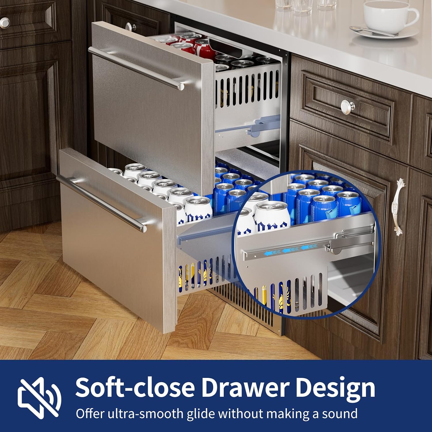 Coolski 24 Inch Under Counter Beverage Refrigerator Drawers, Built-in/Freestanding Stainless Steel Outdoor Refrigerator for Patio, Low Noise Beverage Cooler for Home, Bar, Kitchen, ETL, NSF Approved