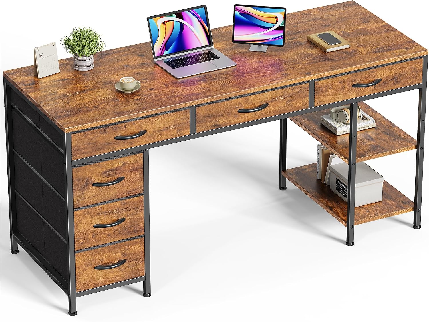Huuger Computer Desk with 6 Drawers, Office Desk with Shelves, Reversible Gaming Desk, Corner Desk with Storage, Work for Home Office, Study, Living Room, 54inch, Rustic Brown