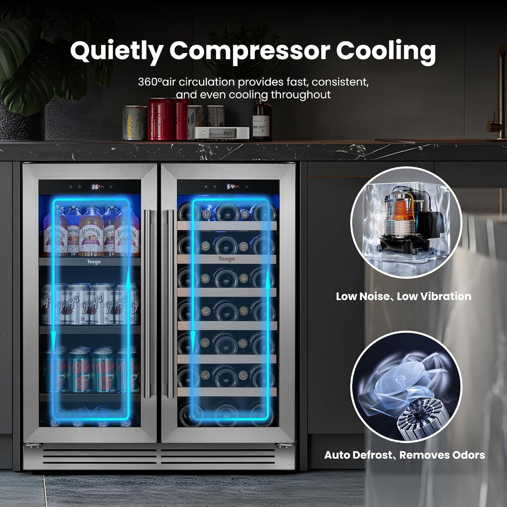 Yeego Wine and Beverage Refrigerator, 30 Inch Dual Zone Wine Fridge with Glass Door, 36-72℉ Beer Cooler Holds 33 Bottles and 80 Cans, Built-In or Freestanding Beverage Cooler for Home Bar Office