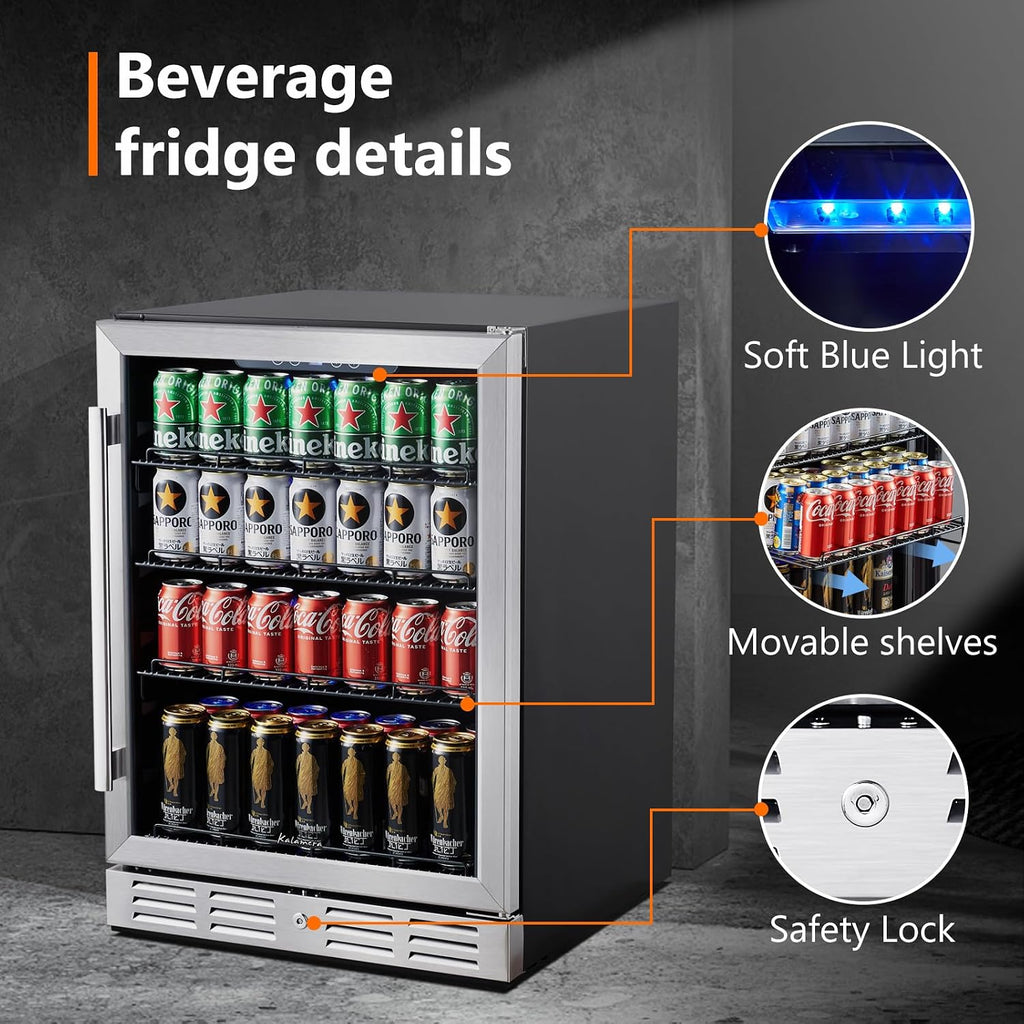 24 Inch Under Counter Beverage Fridge -Max 164Cans Capacity Drink cooler,Wide 24''Perfectly for Built in Space, Adjustable shelves for any size beverage/beer/soda Transparent door Refrigerator