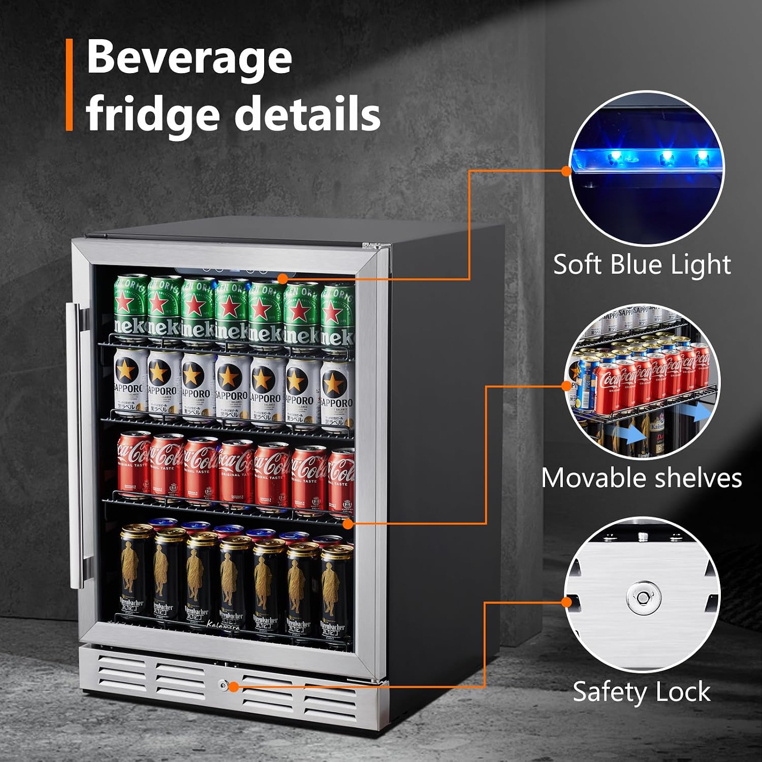 24 Inch Under Counter Beverage Fridge -Max 164Cans Capacity Drink cooler,Wide 24''Perfectly for Built in Space, Adjustable shelves for any size beverage/beer/soda Transparent door Refrigerator