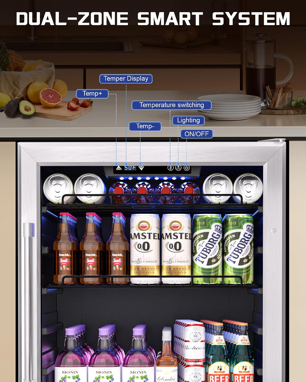 24-Inch Beverage Refrigerator, 180-Can Built-in or Freestanding Drink Fridge with Glass Door and LED Lighting – Beverage Cooler for Soda, Beer, and Water (metallic silver, 5.2 cubic feet)