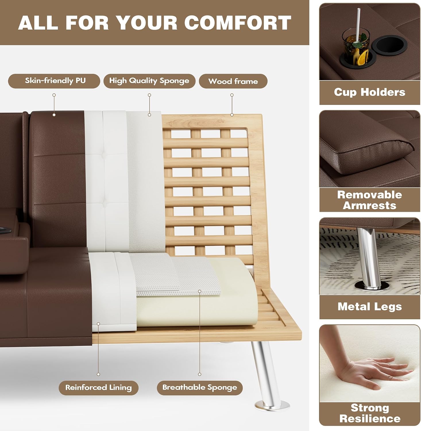 Homall Futon Sofa Bed, Leather Futon Couch with Removable Armrests, Adjustable Recliner Sleeper Sofa Bed with Dual Cup Holders for Living Room, Apartment, Office (Brown)