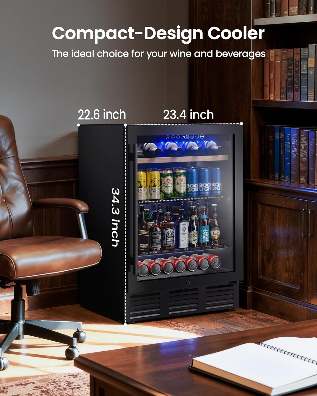24 In Beverage Refrigerator, 112 Cans & 8 Bottles Wine Fridge with Double-Layer Glass Door, Built-In or Freestanding Wine and Beverage Refrigerator, Under Counter Fridge for Home/Bar/Cafe