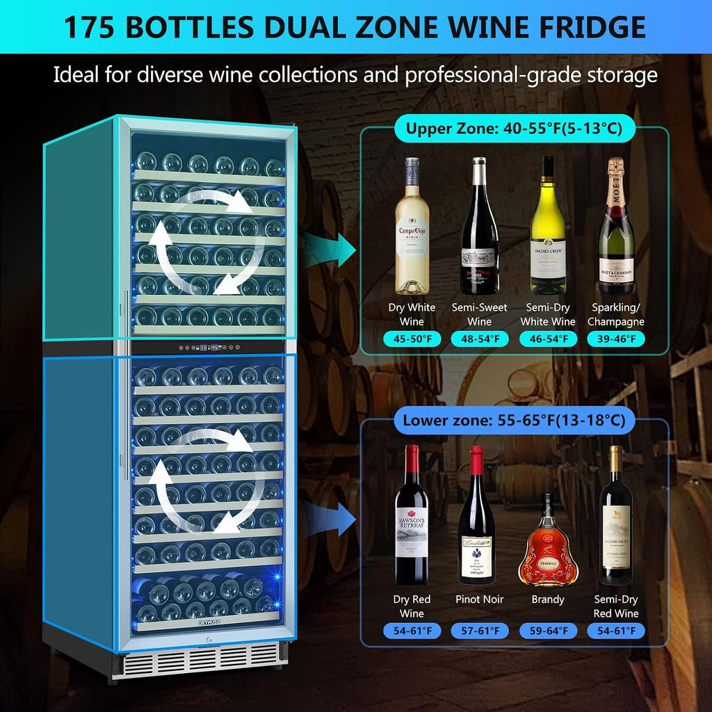 ORYMUSE Dual Zone Wine Fridge Freestanding 175 Bottle, 24 Inch Large Capacity Built-in Wine Cooler Refrigerator with Upgraded Compressor Cooling and Intelligent Temperature Memory