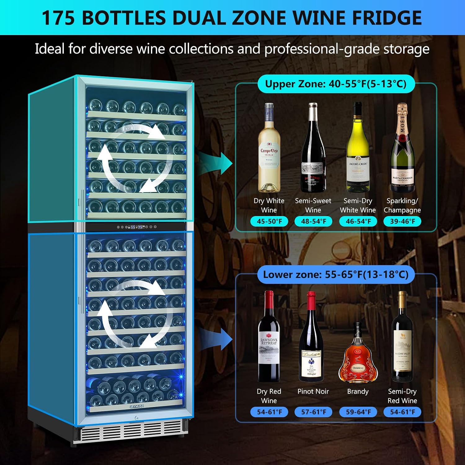 ORYMUSE Dual Zone Wine Fridge Freestanding 175 Bottle, 24 Inch Large Capacity Built-in Wine Cooler Refrigerator with Upgraded Compressor Cooling and Intelligent Temperature Memory