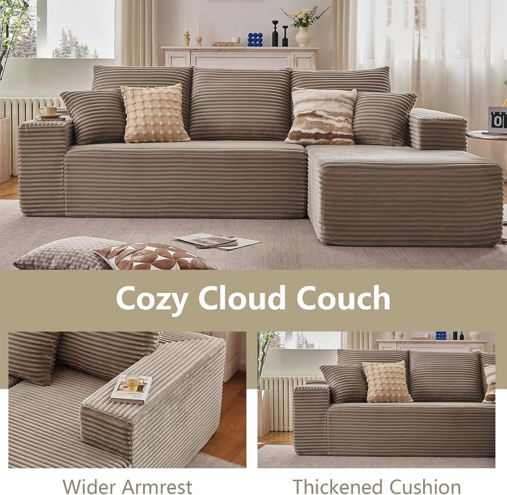 107' Cloud Sectional Couch with L-Shape Chaise, Modern Modular Comfy Sofa Chaise Longue, Upholstered Corduroy Couches Sleeper with Deep Seat for Living Room Bedroom, No Assembly Required, Camel